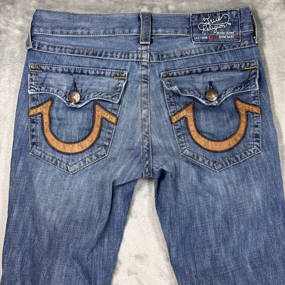 True Religion Billy Bootcut Jeans Mens 33 Blue Leather Horseshoe Made in USA